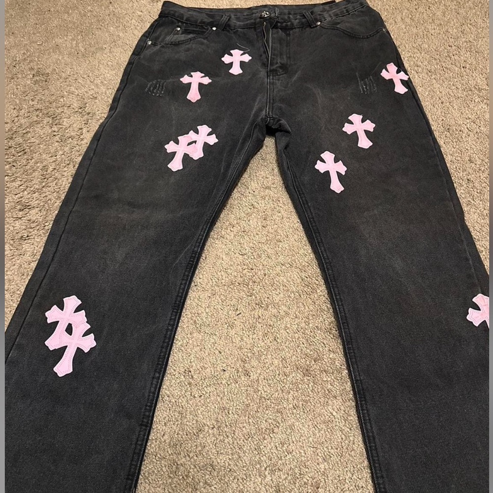 Black & Pink Chrome Hearts Jeans. Worn once. Like new